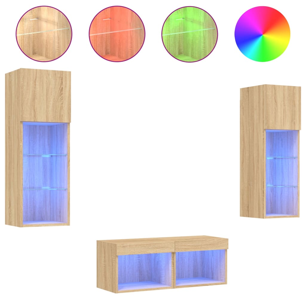 Meuble TV muraux 4 pcs avec lumières LED chêne sonoma