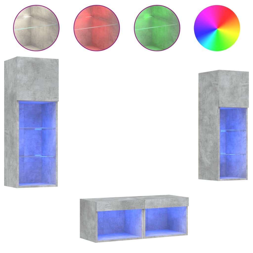 Meuble TV muraux 4 pcs avec lumières LED gris béton - XIOS