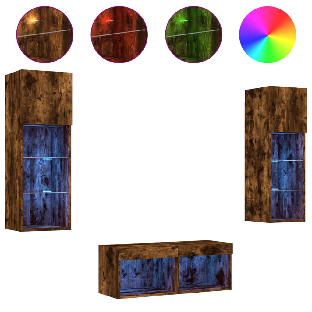 Meuble TV muraux 4 pcs avec lumières LED chêne fumé - XIOS