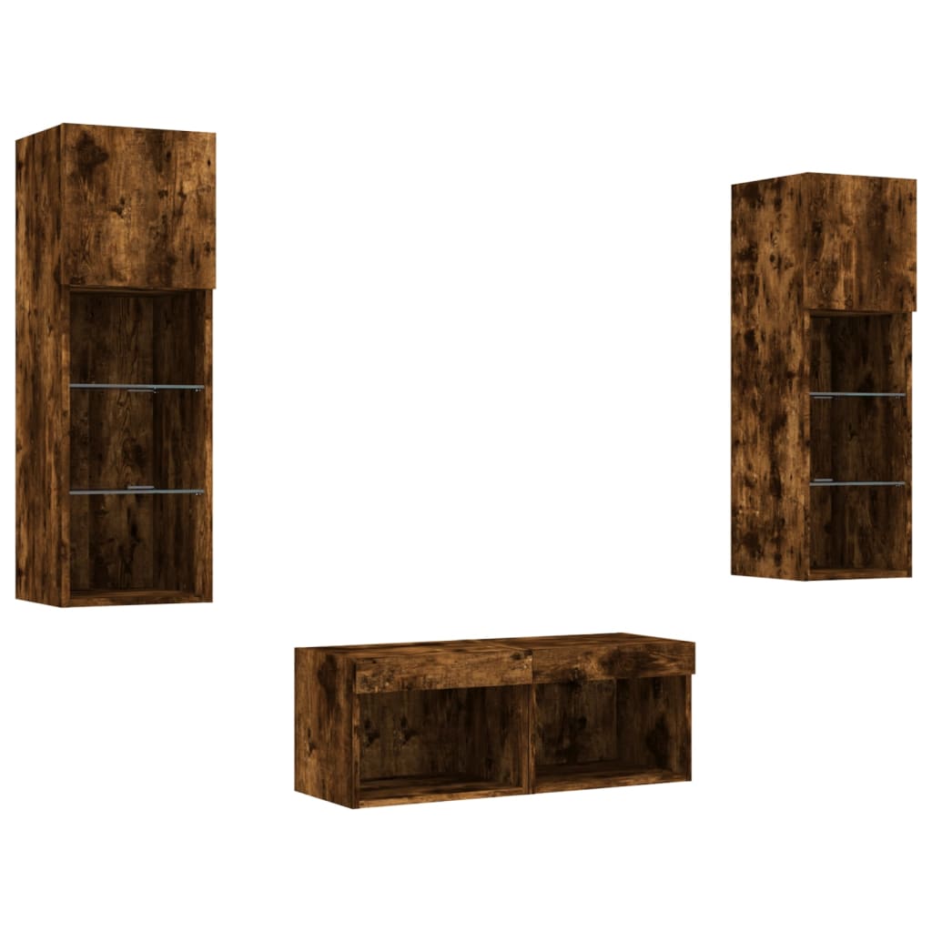 Meuble TV muraux 4 pcs avec lumières LED chêne fumé - XIOS