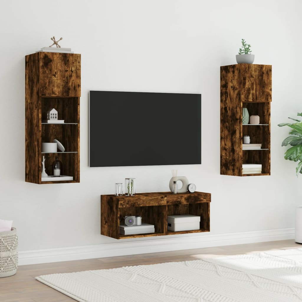 Meuble TV muraux 4 pcs avec lumières LED chêne fumé - XIOS