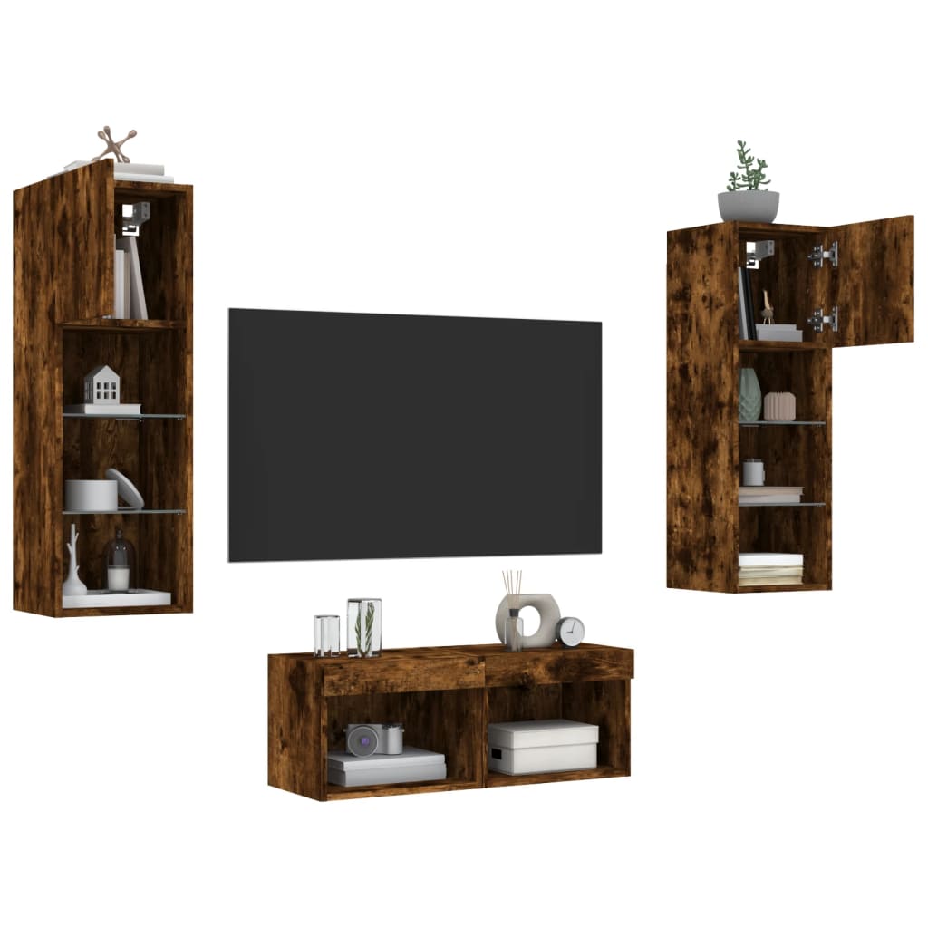 Meuble TV muraux 4 pcs avec lumières LED chêne fumé - XIOS