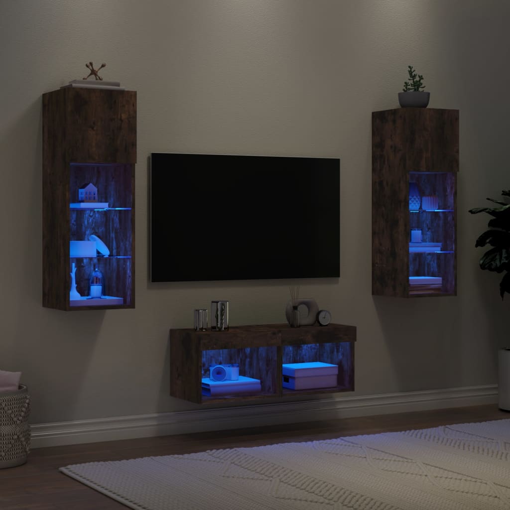 Meuble TV muraux 4 pcs avec lumières LED chêne fumé - XIOS