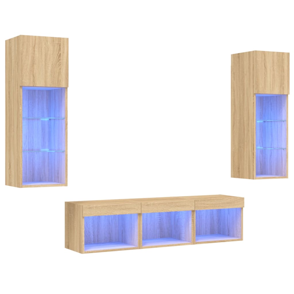 Unités murales TV avec LED 5 pcs chêne sonoma bois d'ingénierie - XIOS