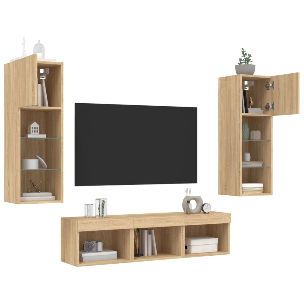 Unités murales TV avec LED 5 pcs chêne sonoma bois d'ingénierie - XIOS