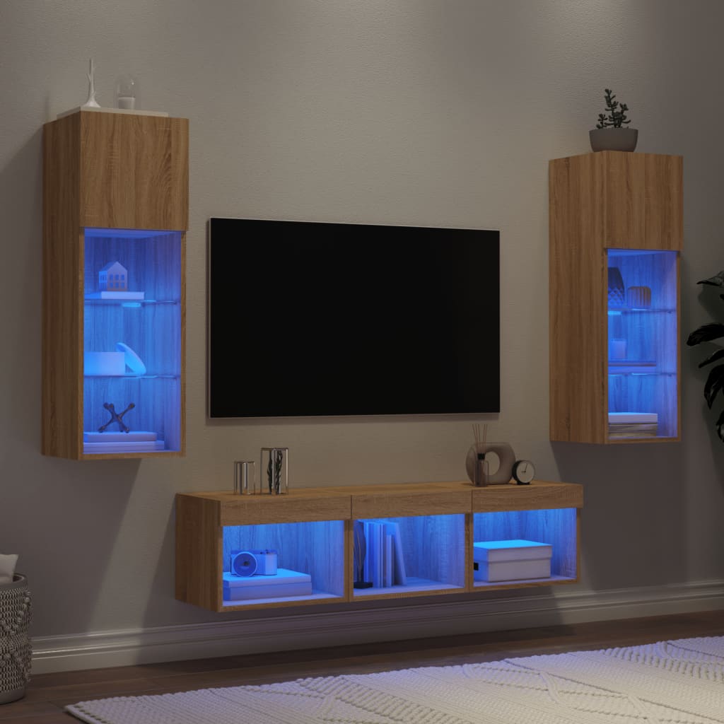 Unités murales TV avec LED 5 pcs chêne sonoma bois d'ingénierie