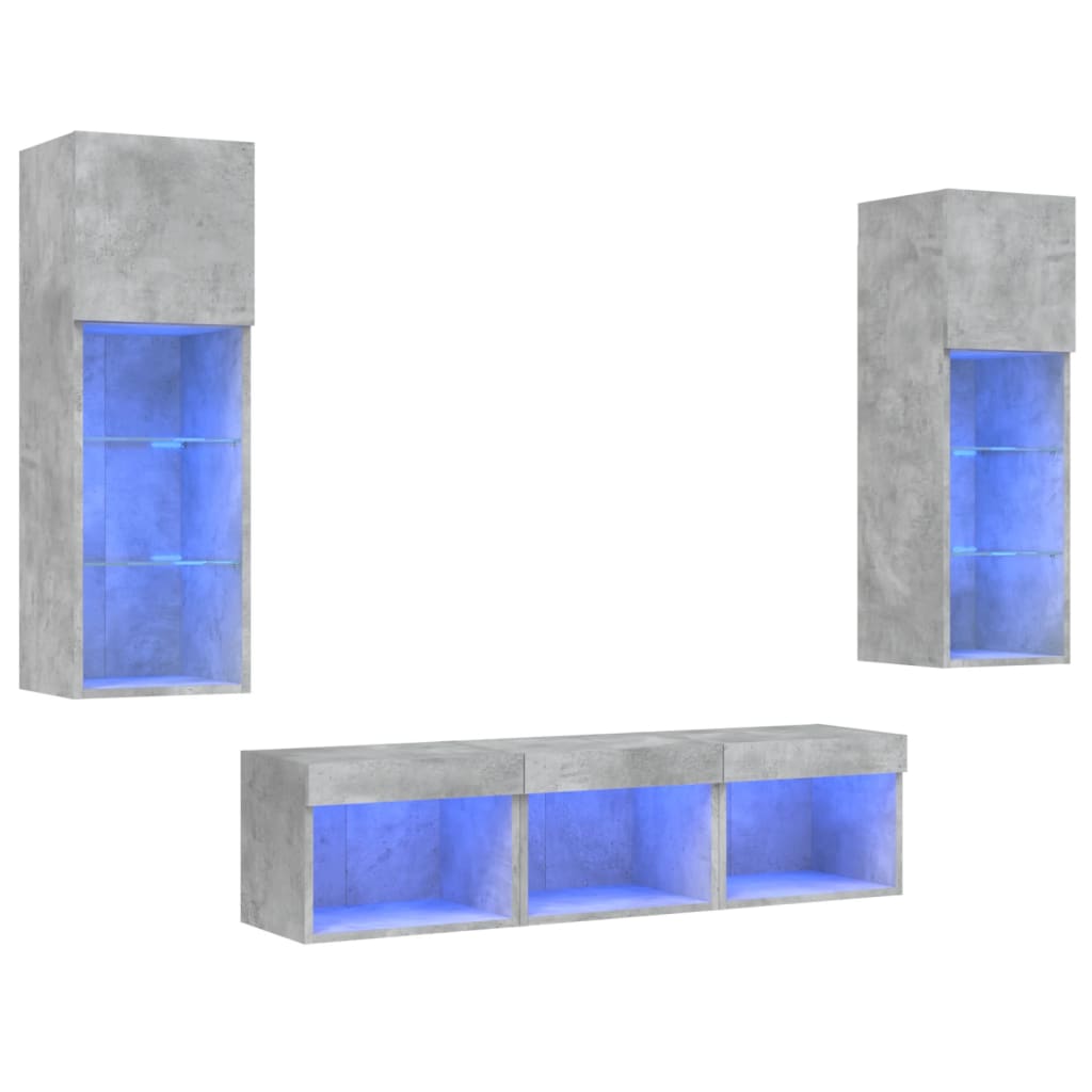 Unités murales TV avec LED 5 pcs gris béton bois d'ingénierie - XIOS