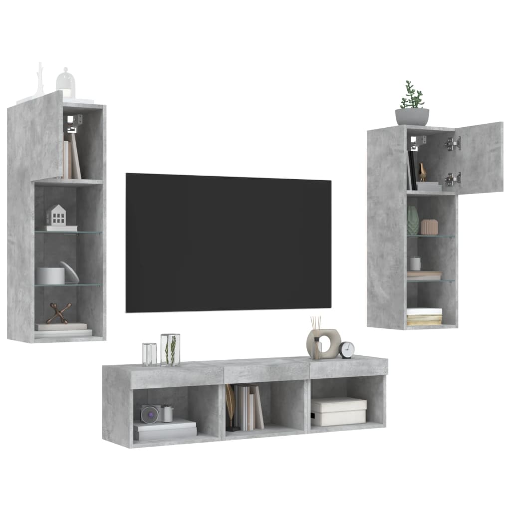 Unités murales TV avec LED 5 pcs gris béton bois d'ingénierie - XIOS
