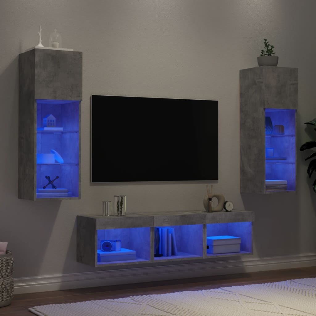 Unités murales TV avec LED 5 pcs gris béton bois d'ingénierie - XIOS