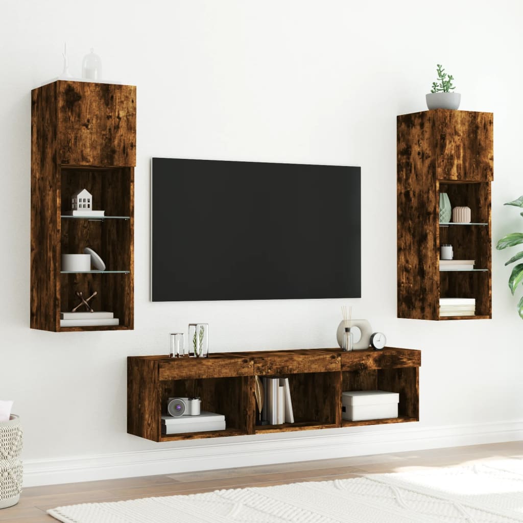 Unités murales TV avec LED 5 pcs chêne fumé bois d'ingénierie