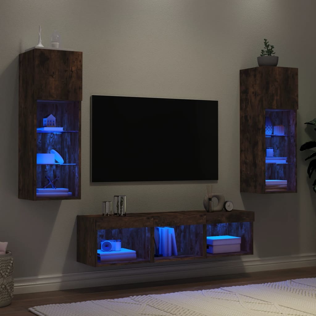 Unités murales TV avec LED 5 pcs chêne fumé bois d'ingénierie - XIOS