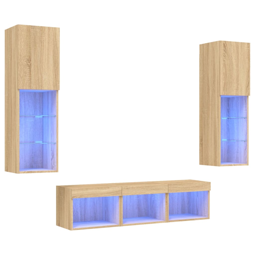Unités murales TV avec LED 5 pcs chêne sonoma bois d'ingénierie - XIOS
