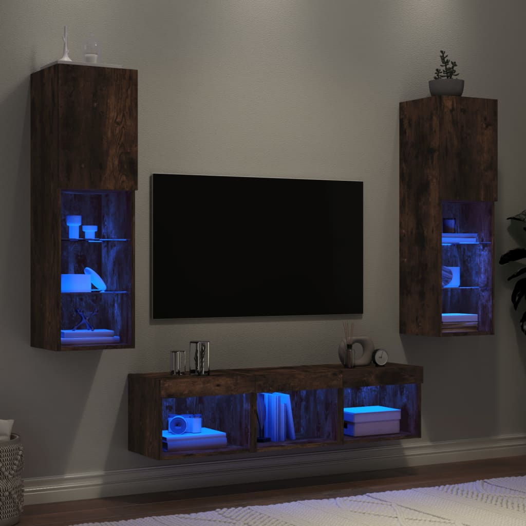 Unités murales TV avec LED 5 pcs chêne fumé bois d'ingénierie - XIOS