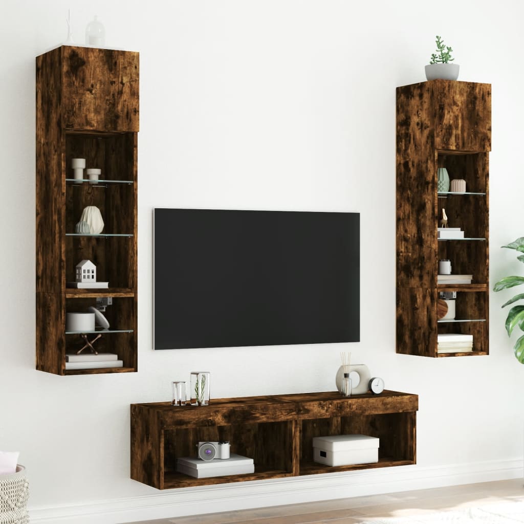 Unités murales TV avec LED 6 pcs chêne fumé bois d'ingénierie - XIOS