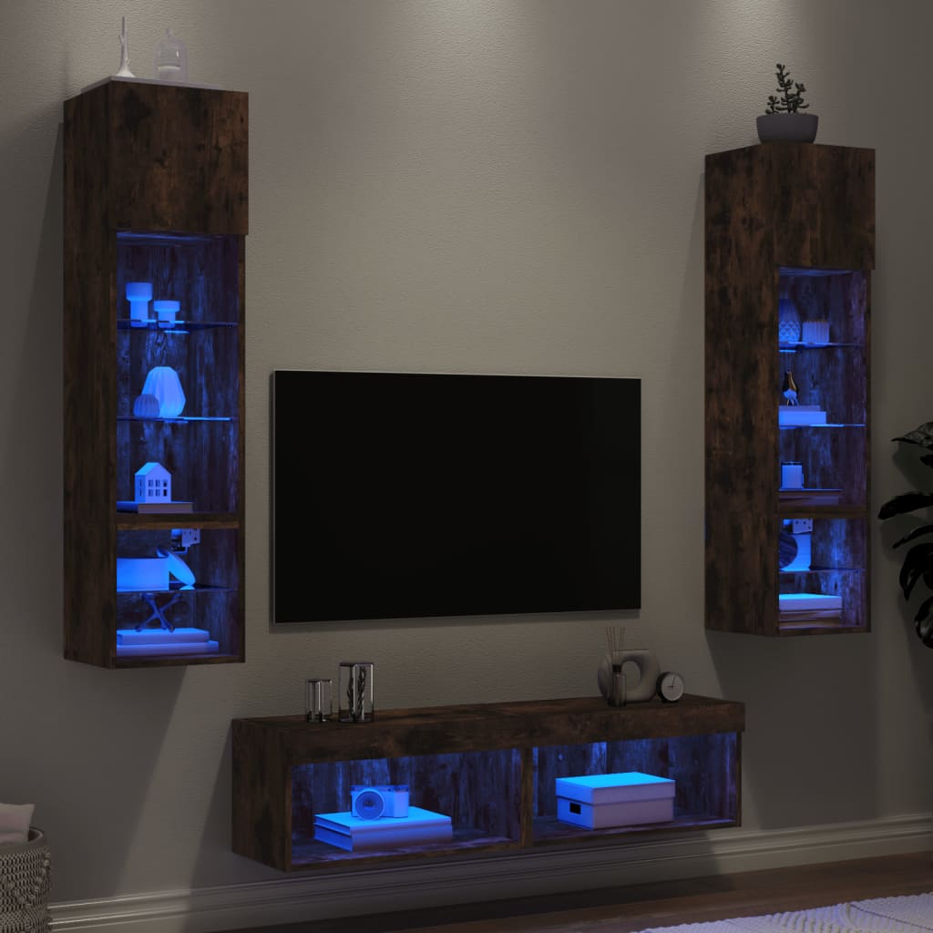 Unités murales TV avec LED 6 pcs chêne fumé bois d'ingénierie - XIOS