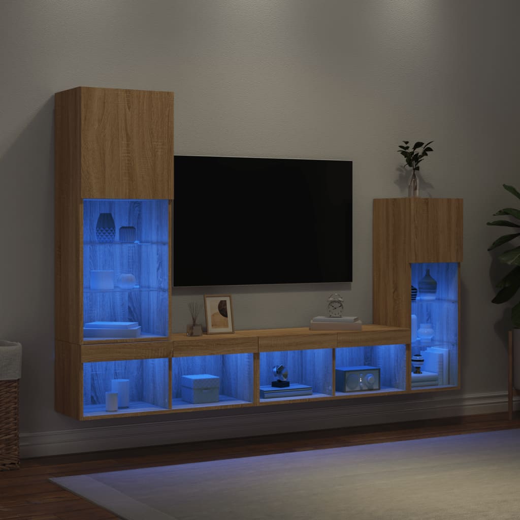 Unités murales TV avec LED 4 pcs chêne sonoma bois d'ingénierie - XIOS