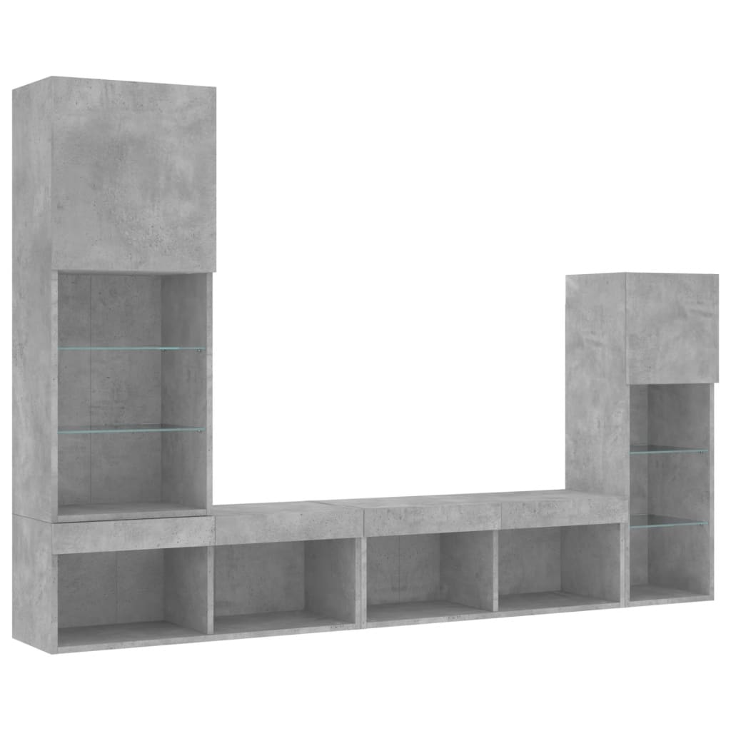 Unités murales TV avec LED 4 pcs gris béton bois d'ingénierie