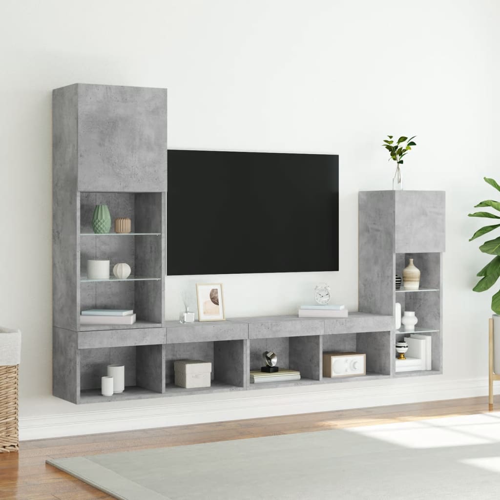 Unités murales TV avec LED 4 pcs gris béton bois d'ingénierie