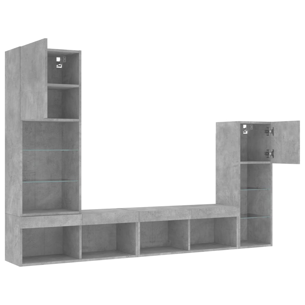 Unités murales TV avec LED 4 pcs gris béton bois d'ingénierie