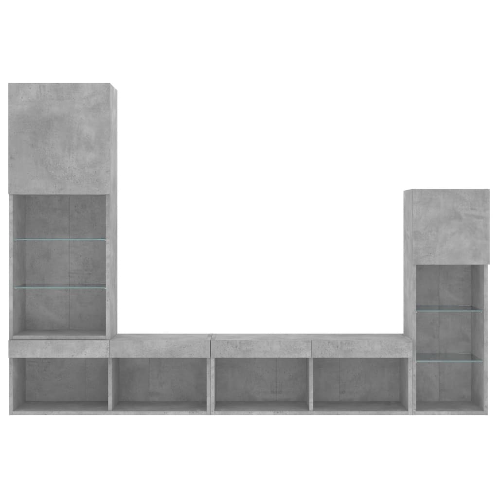 Unités murales TV avec LED 4 pcs gris béton bois d'ingénierie