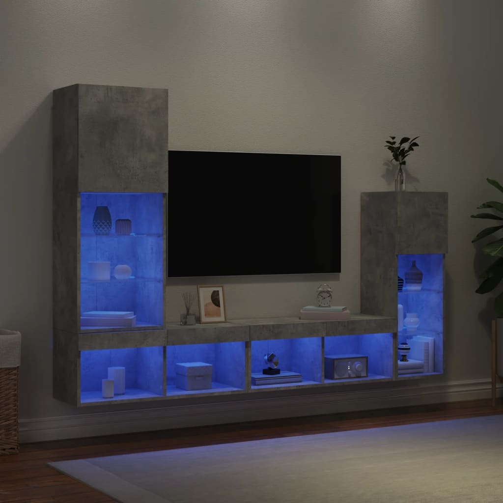 Unités murales TV avec LED 4 pcs gris béton bois d'ingénierie - XIOS