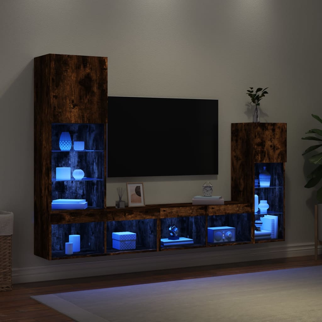 Unités murales TV avec LED 4 pcs chêne fumé bois d'ingénierie - XIOS