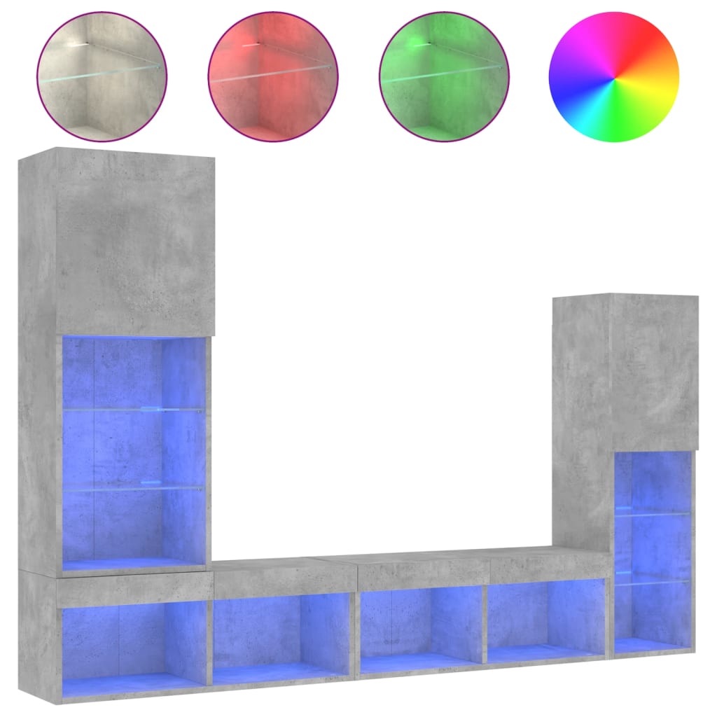 Unités murales TV avec LED 4 pcs gris béton bois d'ingénierie