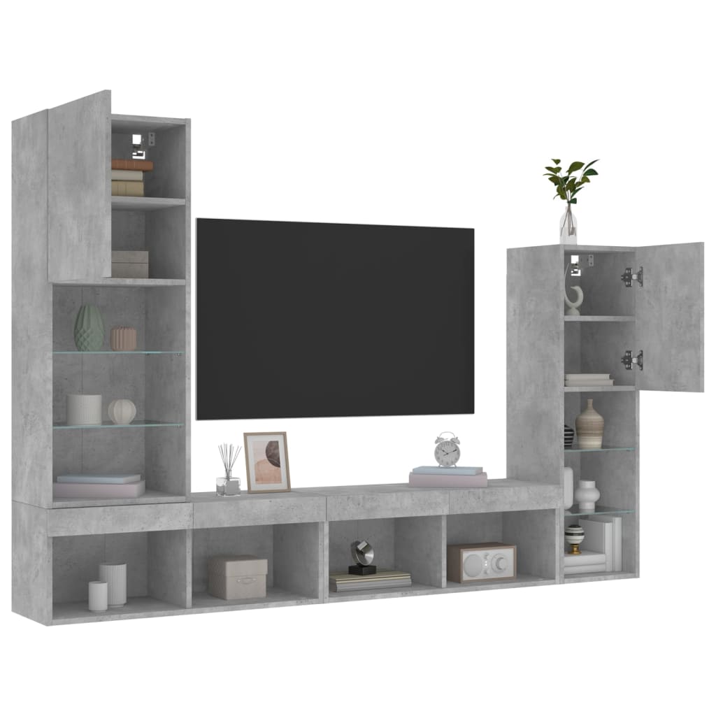 Unités murales TV avec LED 4 pcs gris béton bois d'ingénierie