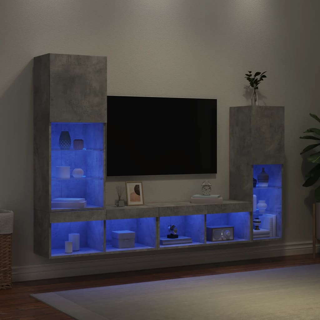Unités murales TV avec LED 4 pcs gris béton bois d'ingénierie