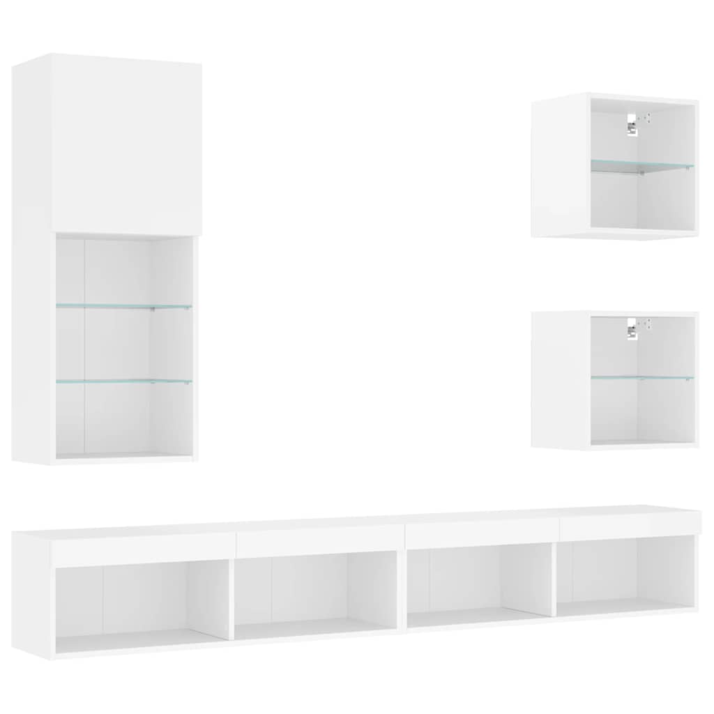 Unités murales TV avec LED 5 pcs blanc bois d'ingénierie
