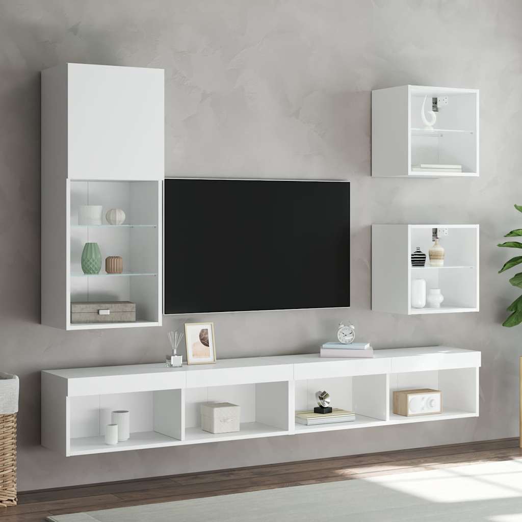 Unités murales TV avec LED 5 pcs blanc bois d'ingénierie - XIOS