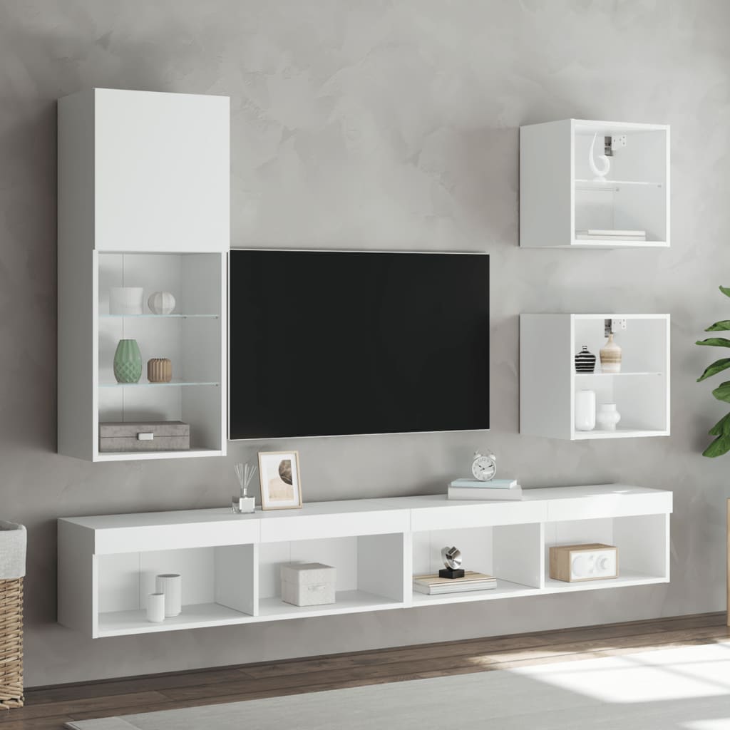 Unités murales TV avec LED 5 pcs blanc bois d'ingénierie