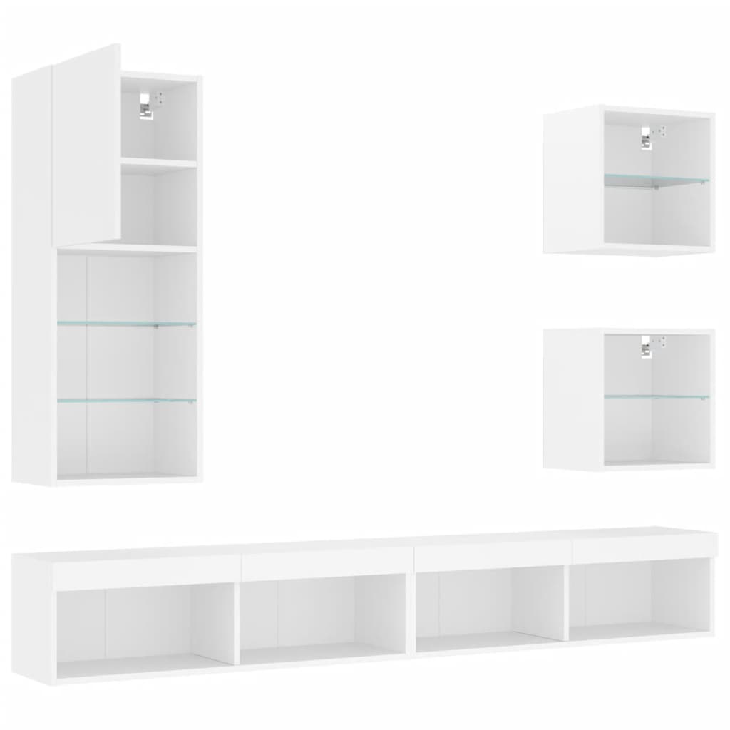 Unités murales TV avec LED 5 pcs blanc bois d'ingénierie