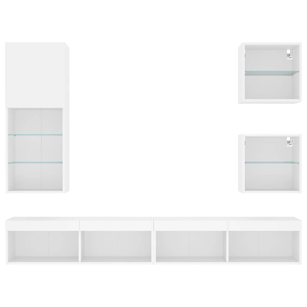 Unités murales TV avec LED 5 pcs blanc bois d'ingénierie