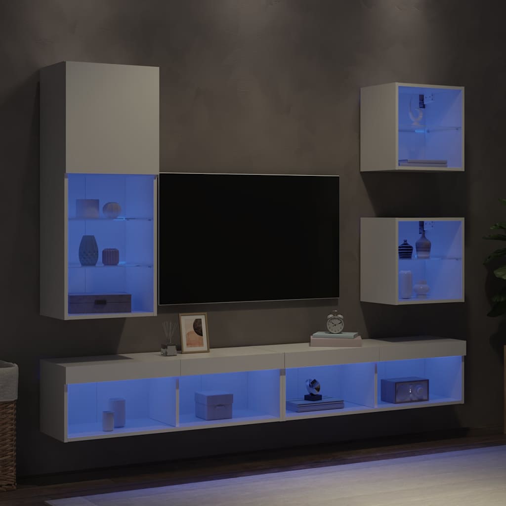 Unités murales TV avec LED 5 pcs blanc bois d'ingénierie - XIOS