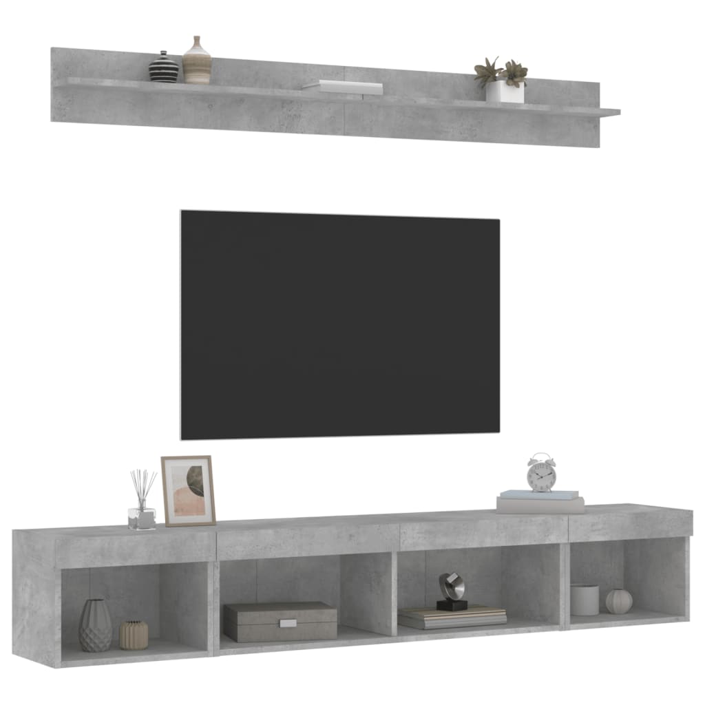 Unités murales TV avec LED 5 pcs gris béton bois d'ingénierie