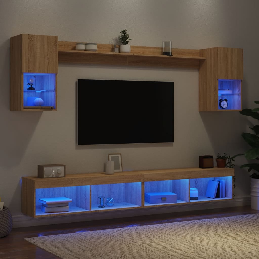 Unités murales TV avec LED 6 pcs chêne sonoma bois d'ingénierie - XIOS