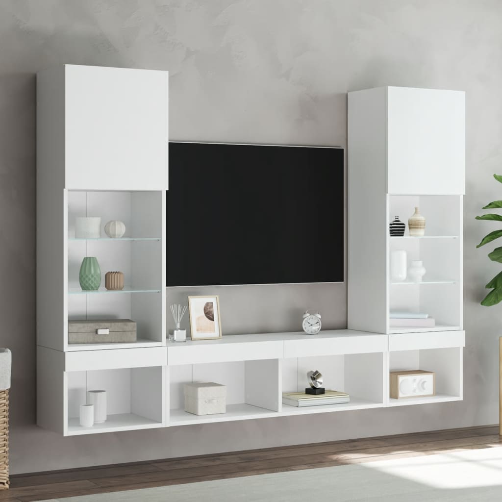 Unités murales TV avec LED 5 pcs blanc bois d'ingénierie - XIOS
