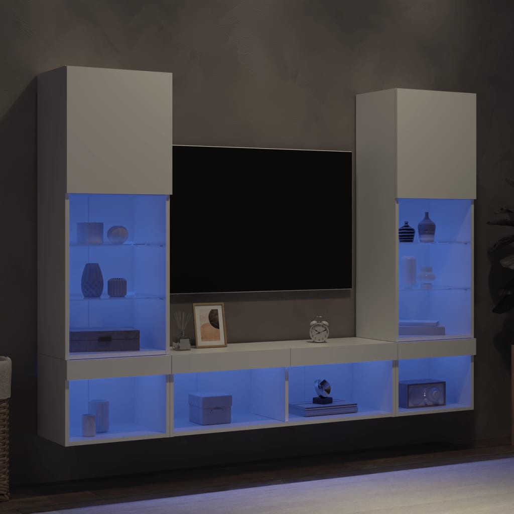 Unités murales TV avec LED 5 pcs blanc bois d'ingénierie - XIOS