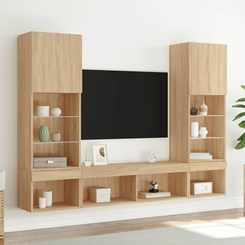 Unités murales TV avec LED 5 pcs chêne sonoma bois d'ingénierie - XIOS