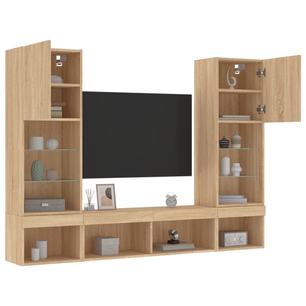 Unités murales TV avec LED 5 pcs chêne sonoma bois d'ingénierie - XIOS