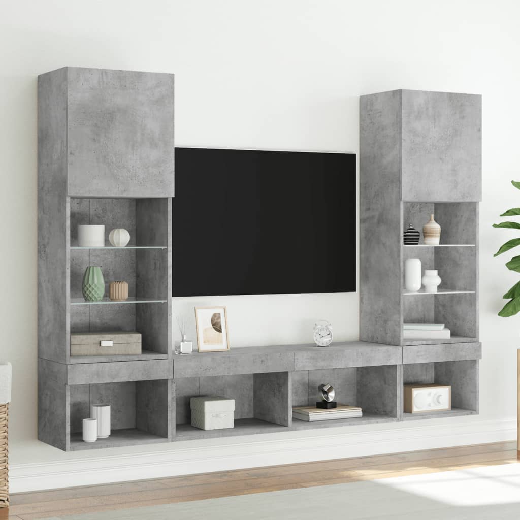 Unités murales TV avec LED 5 pcs gris béton bois d'ingénierie - XIOS