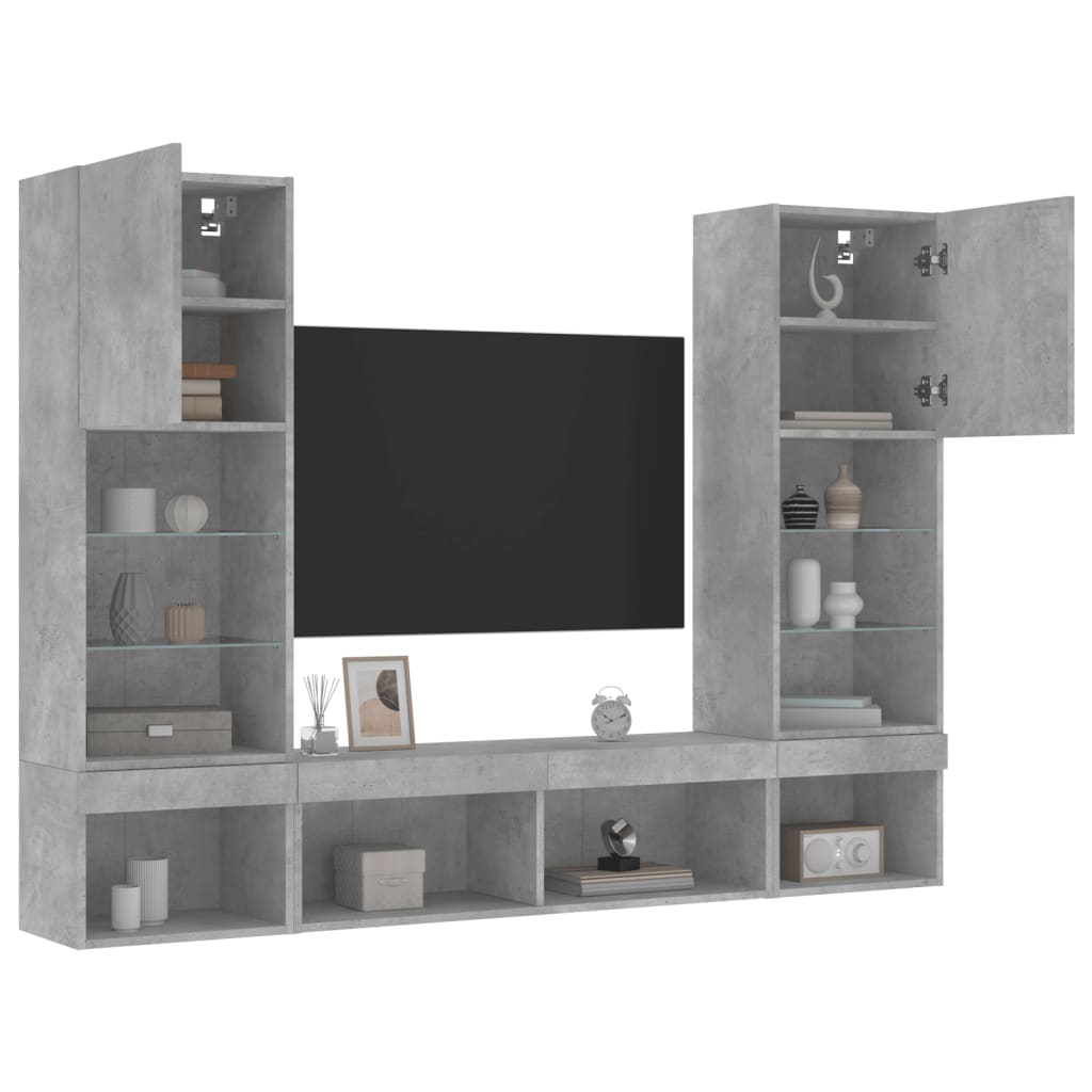 Unités murales TV avec LED 5 pcs gris béton bois d'ingénierie - XIOS