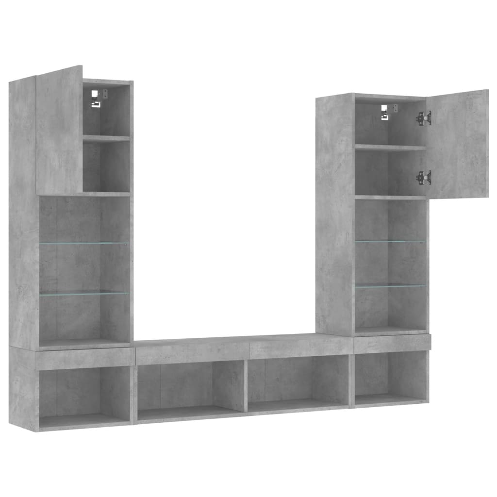 Unités murales TV avec LED 5 pcs gris béton bois d'ingénierie