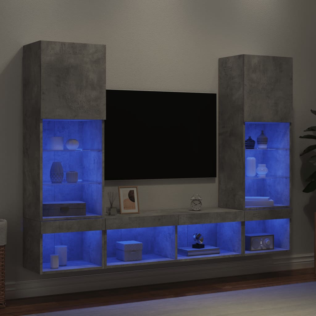 Unités murales TV avec LED 5 pcs gris béton bois d'ingénierie - XIOS