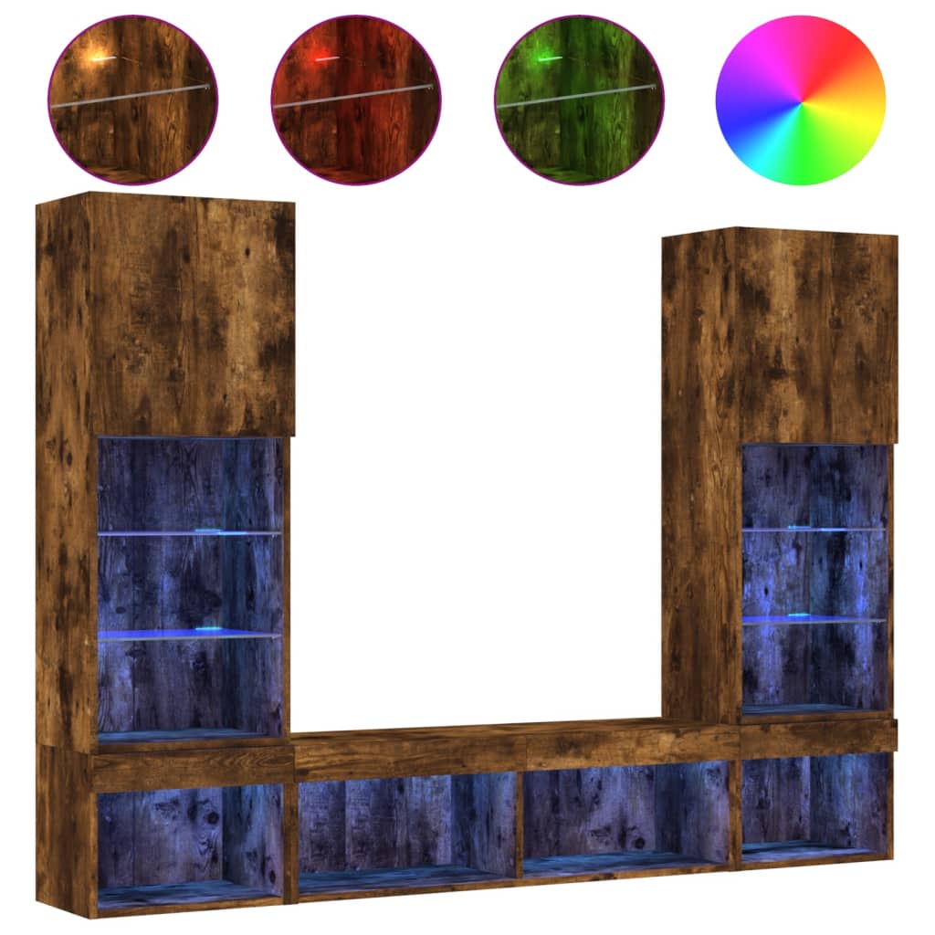 Unités murales TV avec LED 5 pcs chêne fumé bois d'ingénierie - XIOS