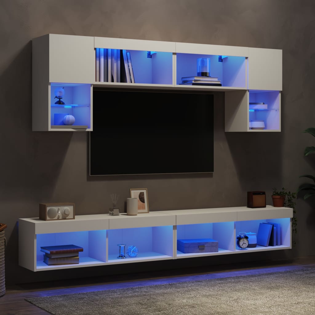 Unités murales TV avec LED 6 pcs blanc bois d'ingénierie - XIOS