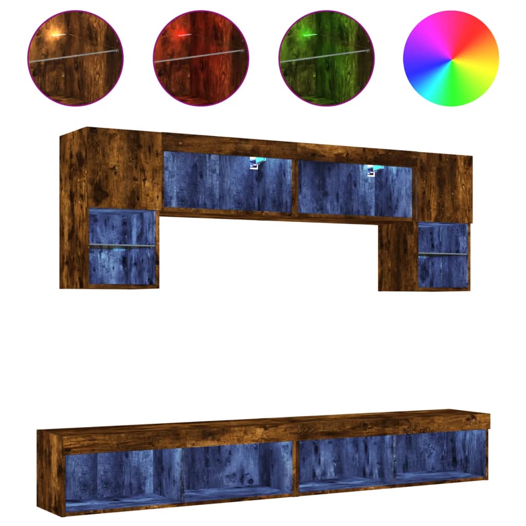 Unités murales TV avec LED 6 pcs chêne fumé bois d'ingénierie