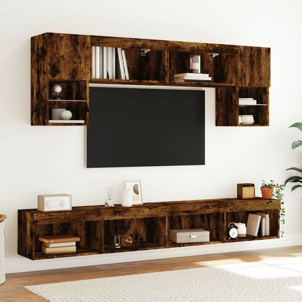 Unités murales TV avec LED 6 pcs chêne fumé bois d'ingénierie