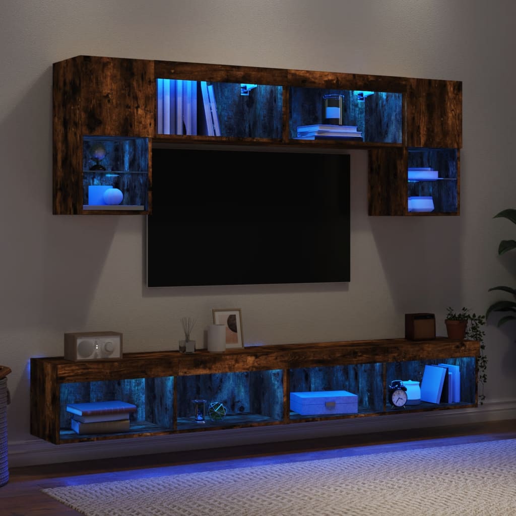 Unités murales TV avec LED 6 pcs chêne fumé bois d'ingénierie